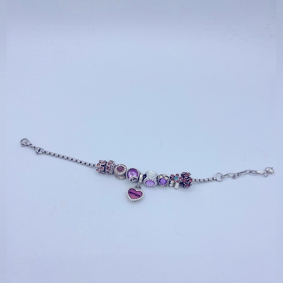 Silver Toned Textured Add-a-Bead Pink Rhinestone, Dangling Mother Bead Bracelet - Picture 3 of 6